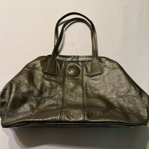 Coach Signature Stitch Patent Leather Metallic Olive Green/Sage Grey Satchel